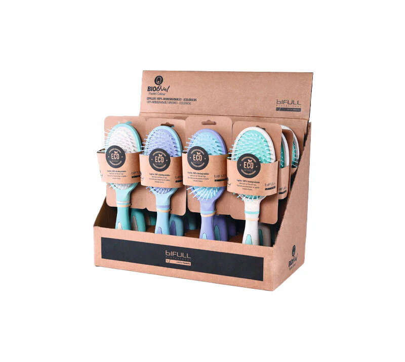 BIO OVAL PASTEL COLOUR EXPOSITOR CEPILLOS 100% BIODEGRADABLES FIBRA DE TRIGO (PACK 12 UNDS)