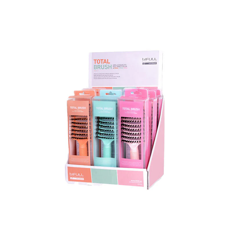 EXPOSITOR CEPILLO ESQUELETO DE PELO JABALÍ Y NYLON  TOTAL BRUSH (PACK 9 UNIDS CORAL, VERDE,ROSA)